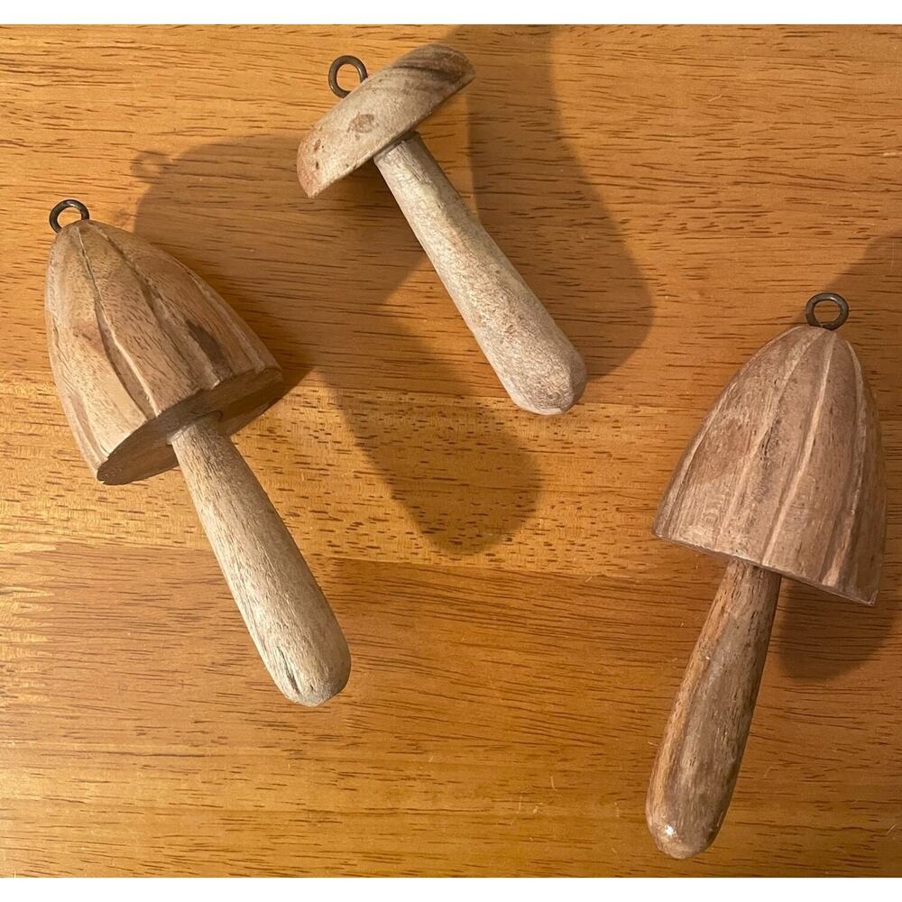 3 Mushroom Ornaments Wood Carved Country Primitive Christmas Lodge Cabin Decor